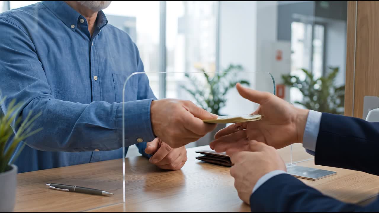Cliente entregando dinheiro através de um vidro de proteção no balcão do banco.