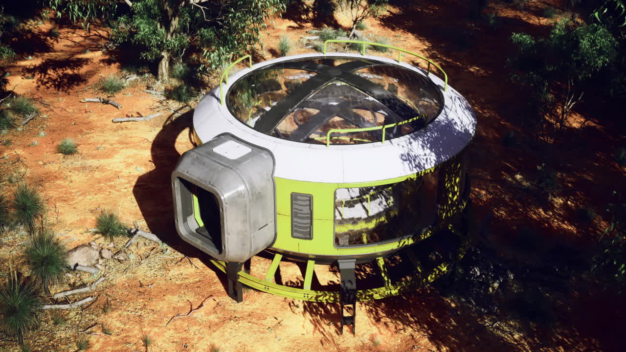 Futuristic pod house situated in arid landscape under bright sunlight
