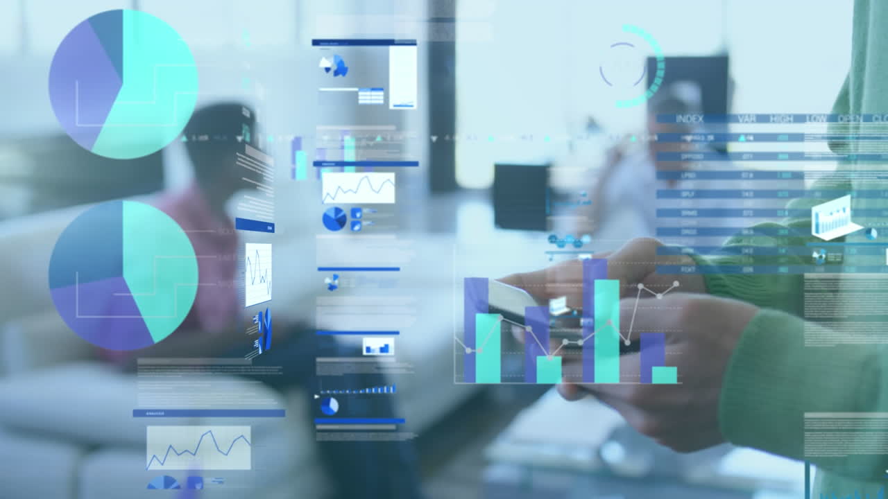 Animation of statistical data processing over mid section of a man using smartphone at office
