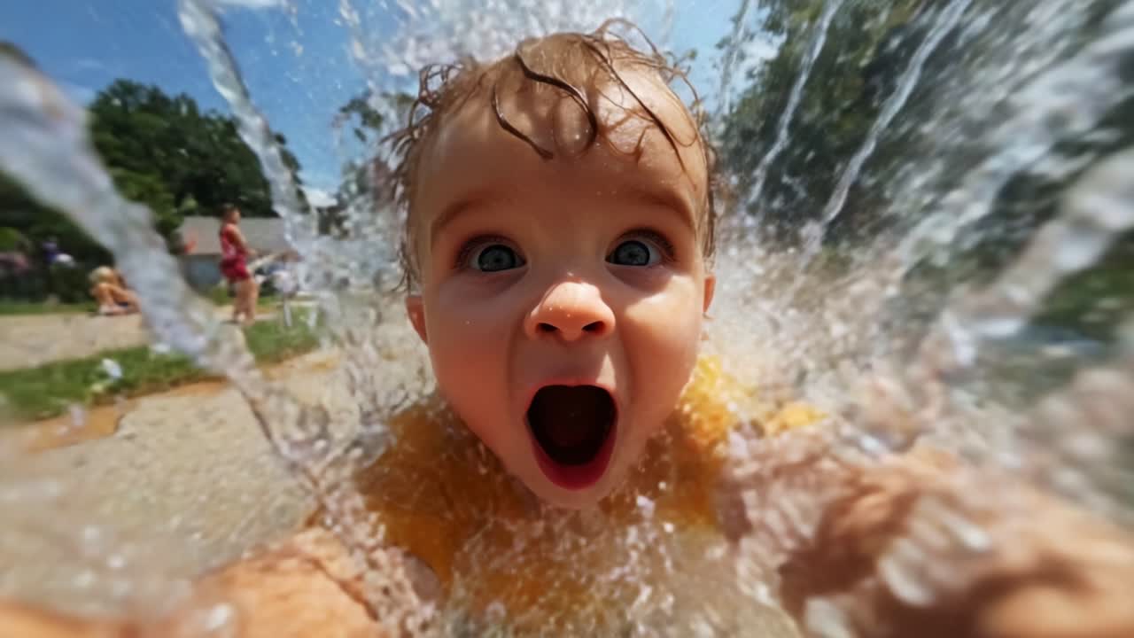 An excited child splashes through water, joyfully embracing the refreshing droplets that create a vibrant and playful atmosphere, illustrating the pure delight of childhood summer fun