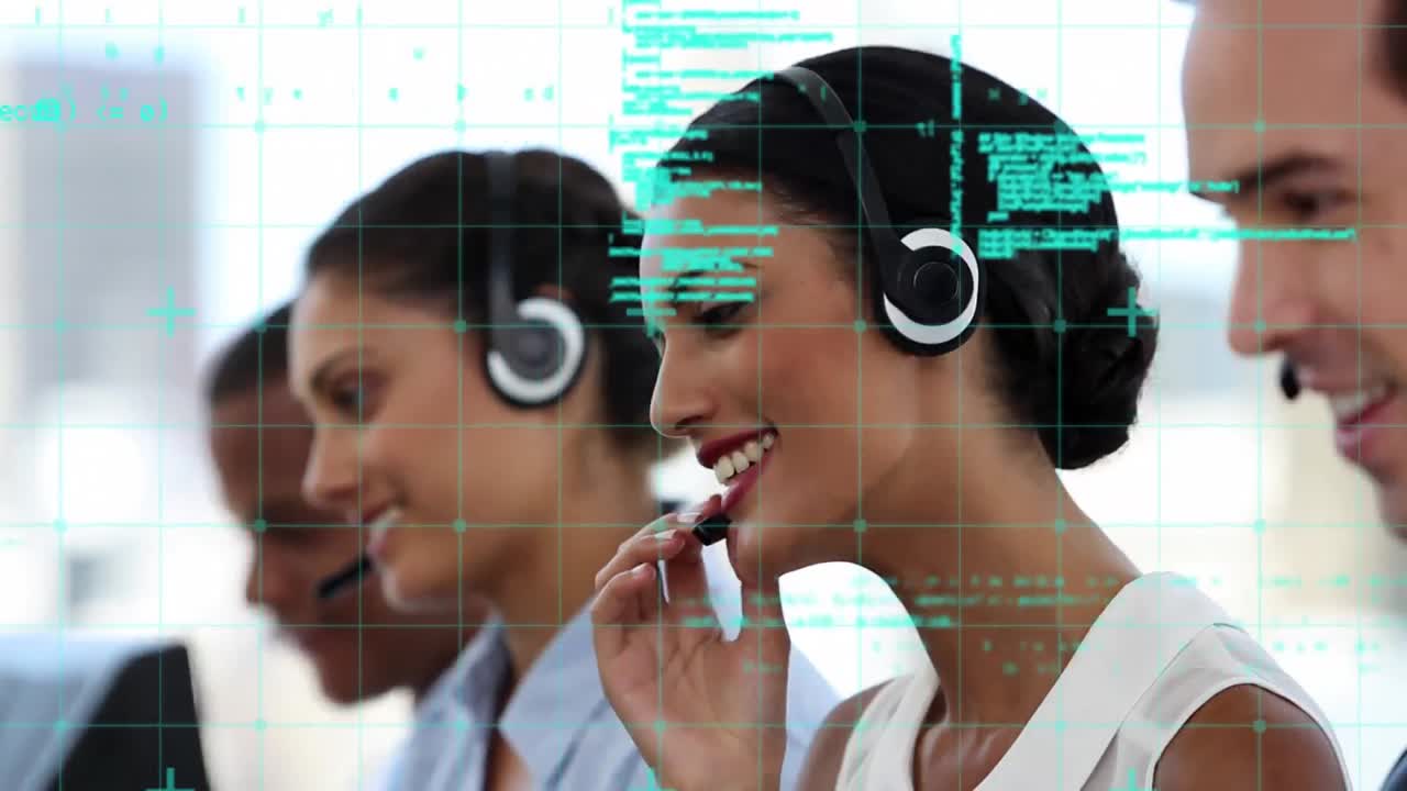 Animation of data processing over business people using phone headsets