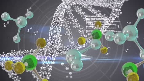 Animation-Von-3D-Mikromolekülen-Und-DNA-Strang-Auf-Grauem-Hintergrund
