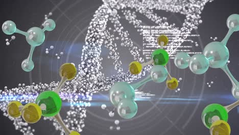 animation of 3d micro of molecules and dna strand on grey background