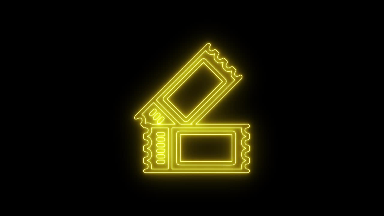 검은색 배경에 고립되어 반이는 네온 영화관 티켓 라인 아이콘.