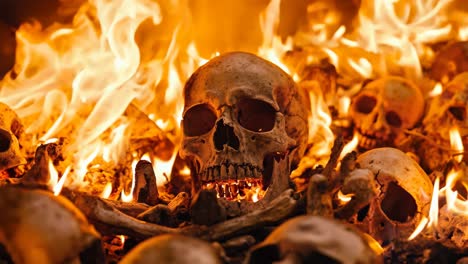 a pile of skulls in a pile of fire