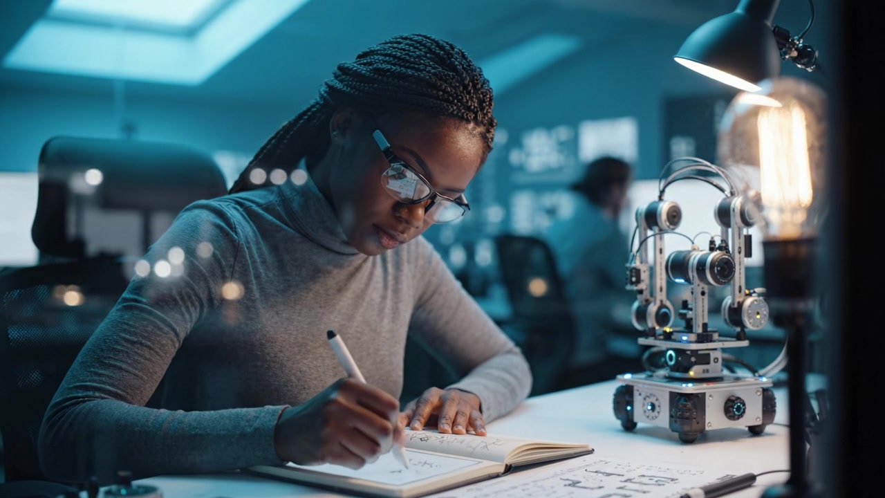 Dedicated Student Engaged in Innovative Robotics Design and Engineering, Capturing Ideas and Concepts in Notebook with High-Tech Robotics Model Nearby