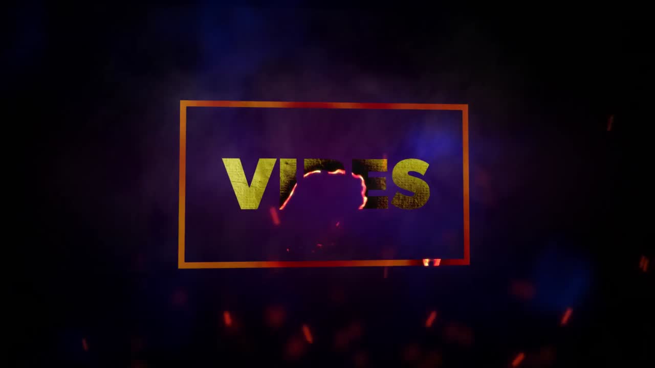 Animasjon av hvit tekst 'vibes', i gullramme, med røde gnister på svart bakgrunn