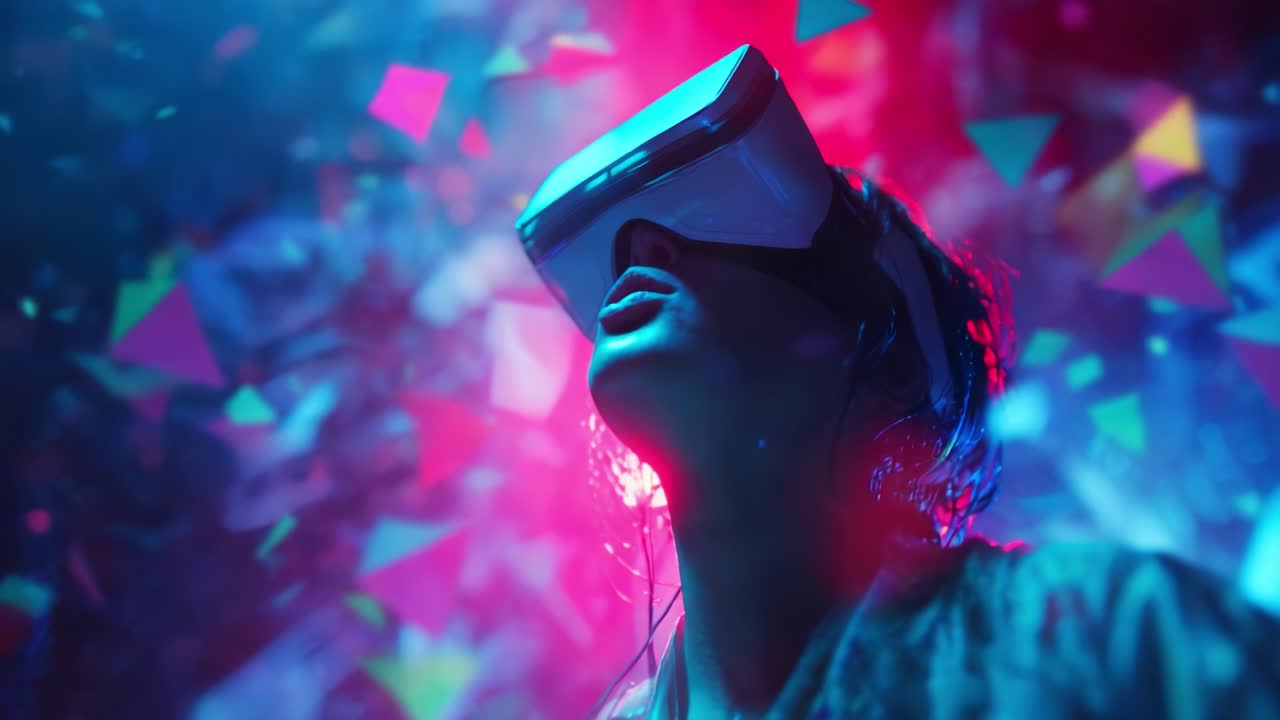 A person experiencing an immersive virtual reality adventure, surrounded by vibrant colors, digital effects, and dynamic confetti, showcasing the thrill of modern technology and entertainment