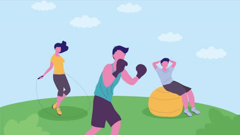 three athletes practicing exercises characters animation