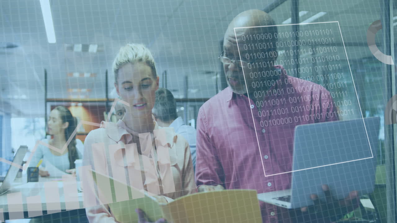 Animation of data processing over diverse business people using laptop in office