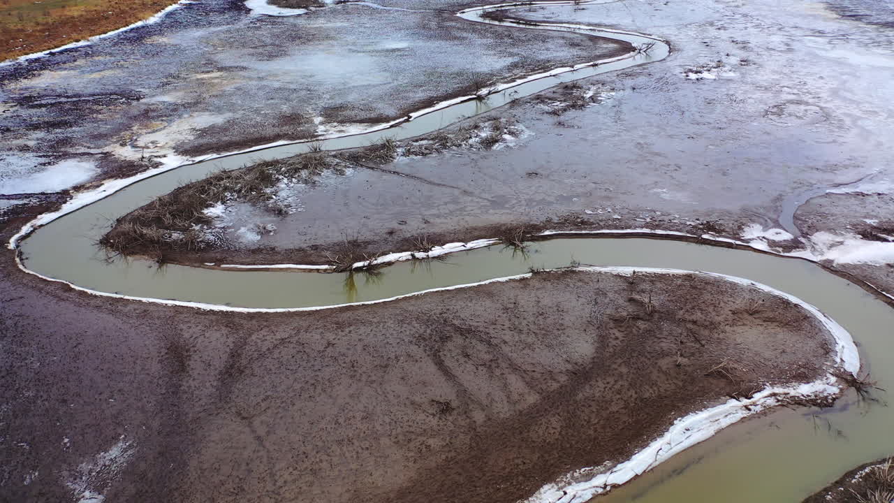 Muddy river. Dirty environment. Tortuous river in drought place. Polluted nature background. Aerial view.