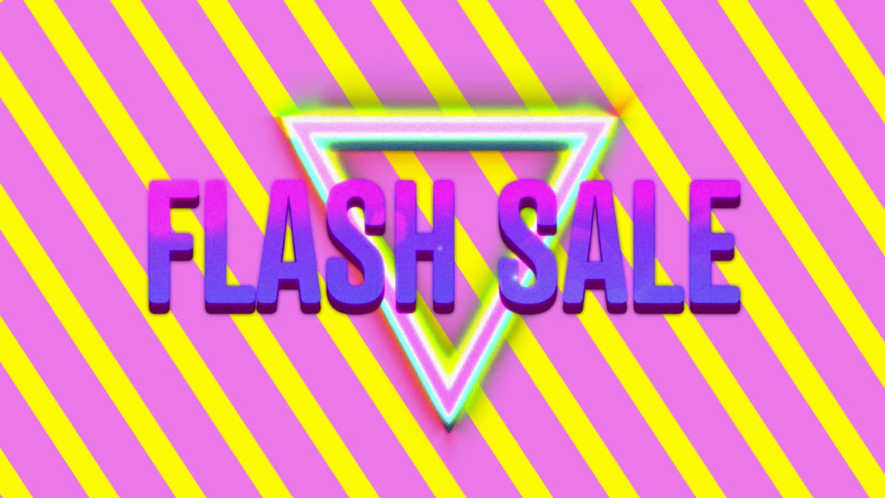 Grafica "Offerta Lampo" e triangoli colorati su sfondo a strisce diagonali rosa e gialle 4k