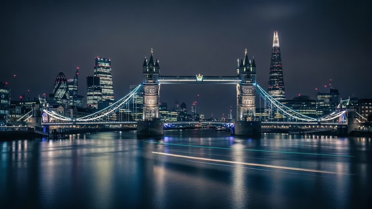 A Captivating Night View of the Tower Bridge Illuminated by City Lights, Reflecting Over the Thames River in a Stunning Urban Landscape