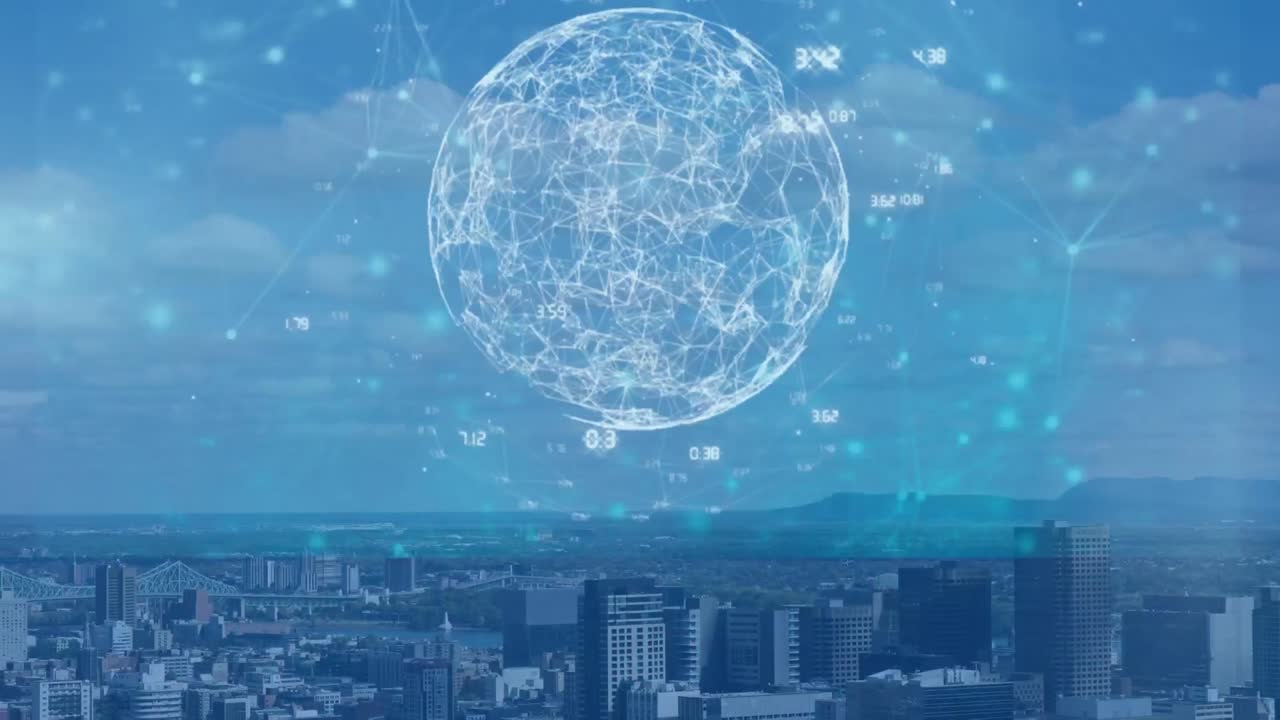 금융 데이터의 애니메이션, 자른 눈, 도시 풍경에 대한 백인 사업가의 손