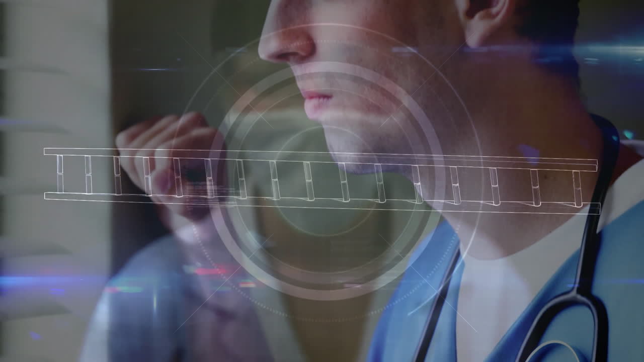 Male doctor wearing blue medical scrubs and stethoscope, projecting HUD graphics and ladder overlay