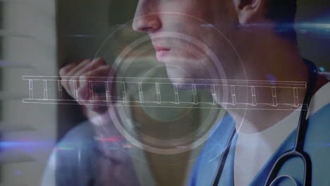 male doctor wearing blue medical scrubs and stethoscope, projecting hud graphics and ladder overlay