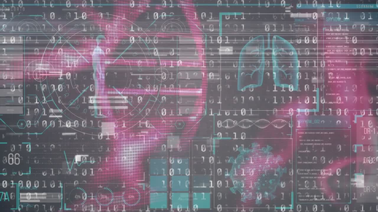 Animatie van DNA en binaire code over gegevens op een digitaal scherm