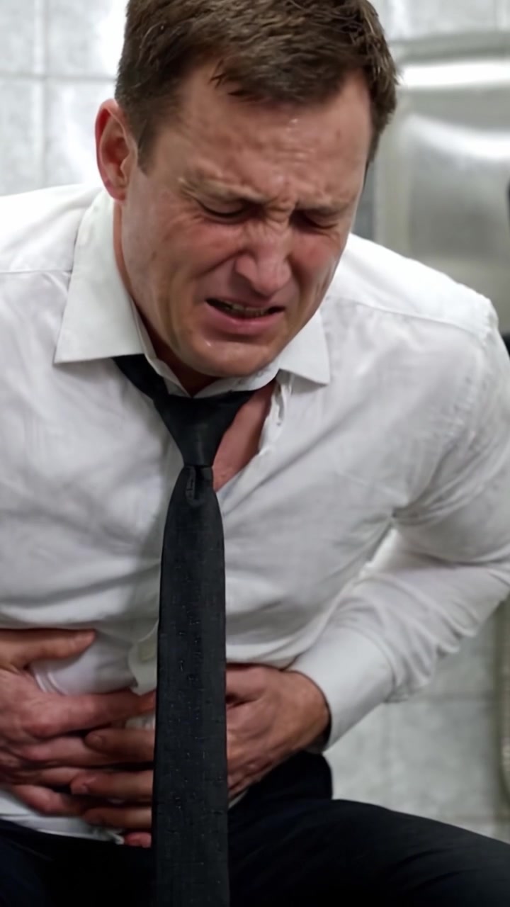 A Person in Distress Gripping Their Stomach Imagining the Pain in a Restroom Environment, Depicting a Moment of Suffering and Discomfort with Emphasis on Emotional Expression.