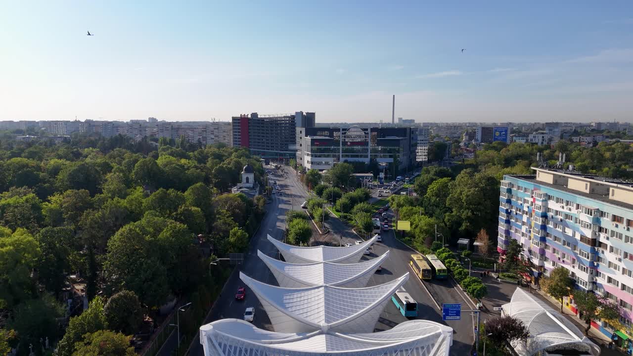 Aerial View of Modern Bus Stop and Cityscape in Bucharest, Romania
