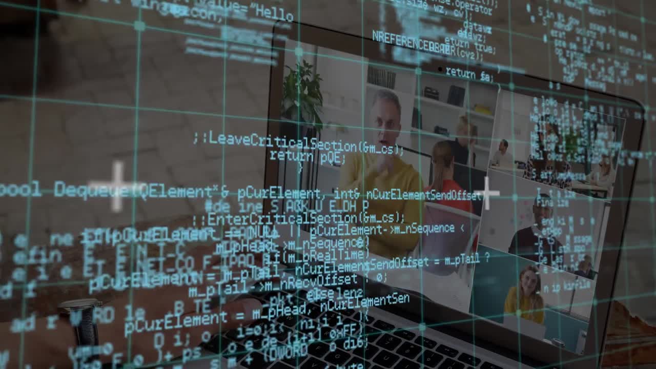 Animation of data processing over caucasian businessman having laptop video call with colleagues