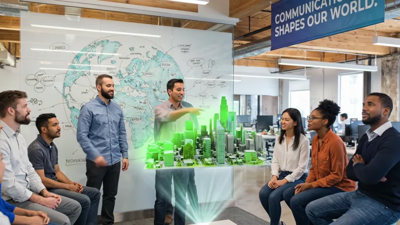Diverse Business Team Discussing Holographic Smart City Projection in Office