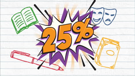 animation of 25 percent on vintage speech bubble and school art icons on white ruled paper