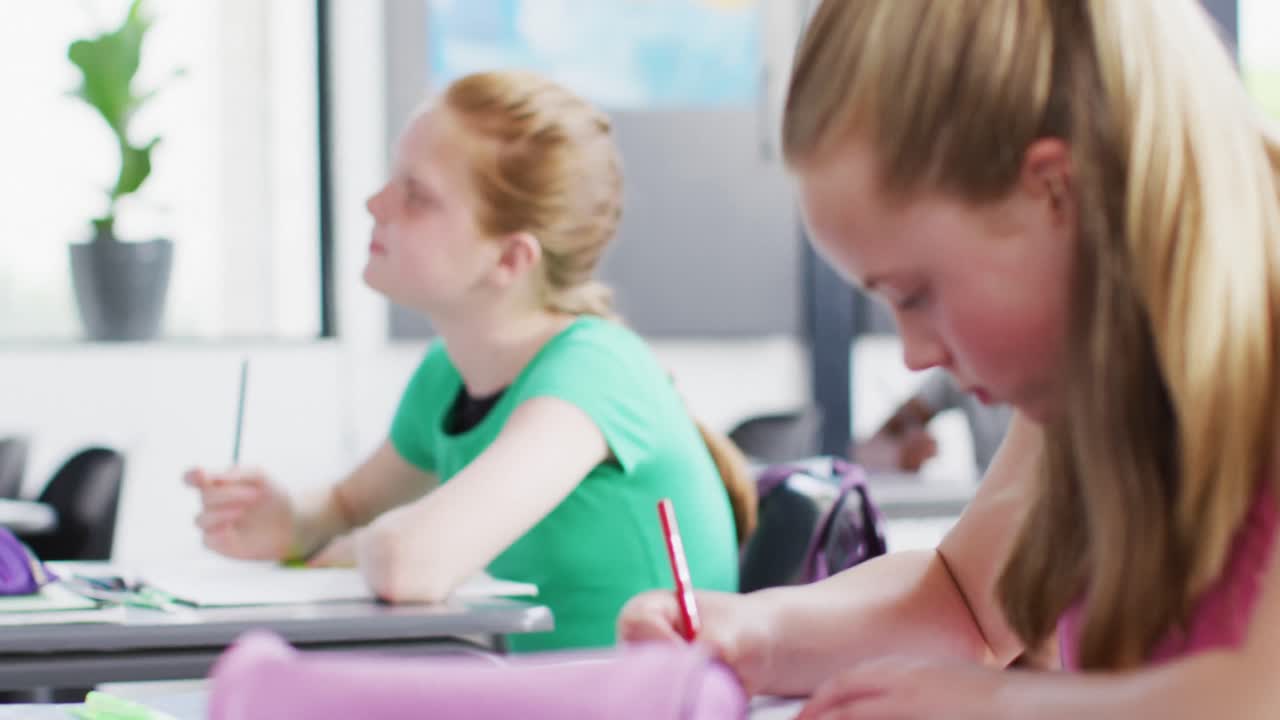 Diverse happy schoolchildren sitting at desks in school classroom