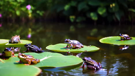 frogs resting on lily pads in a serene pond