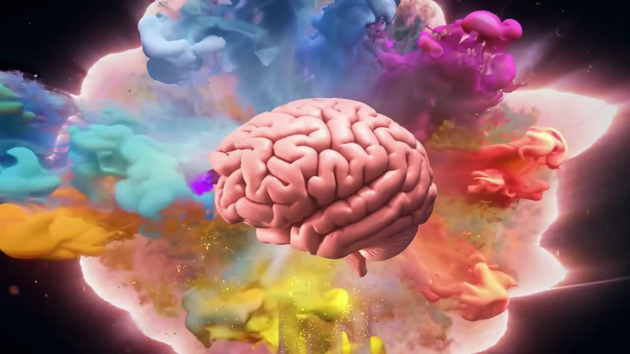 Un video dinamico che mostra un cervello luminoso da un angolo basso, enfatizzando la creatività
