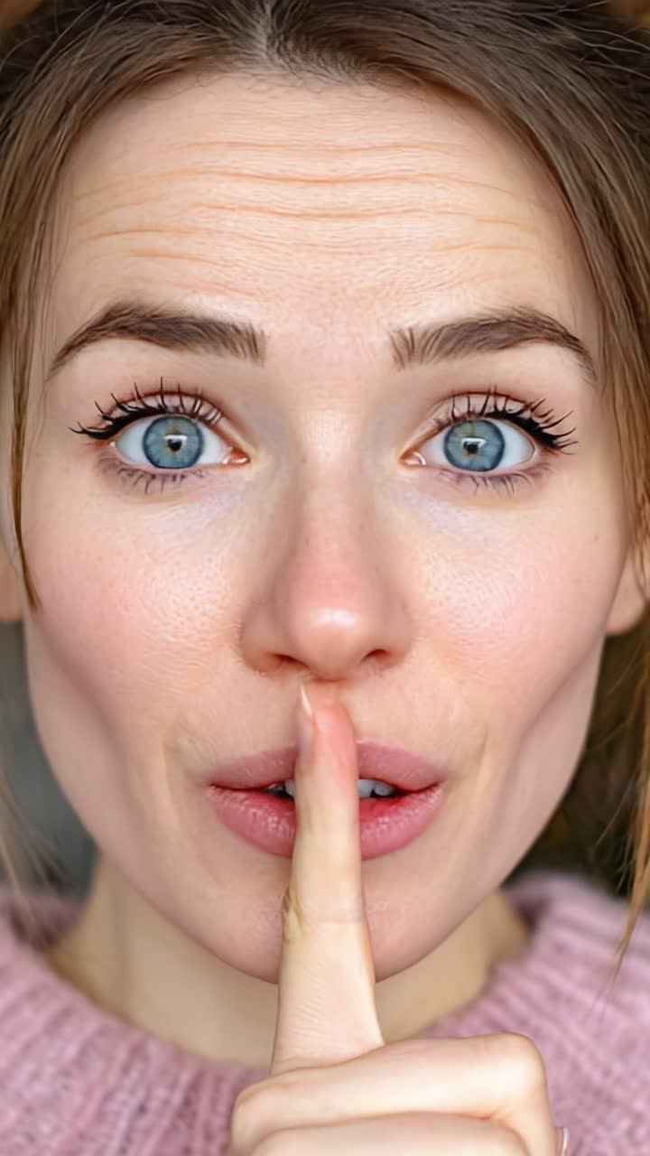 Uma expressão cativante de segredo: um retrato em close-up de uma jovem de olhos azuis com um gesto delicado pedindo silêncio