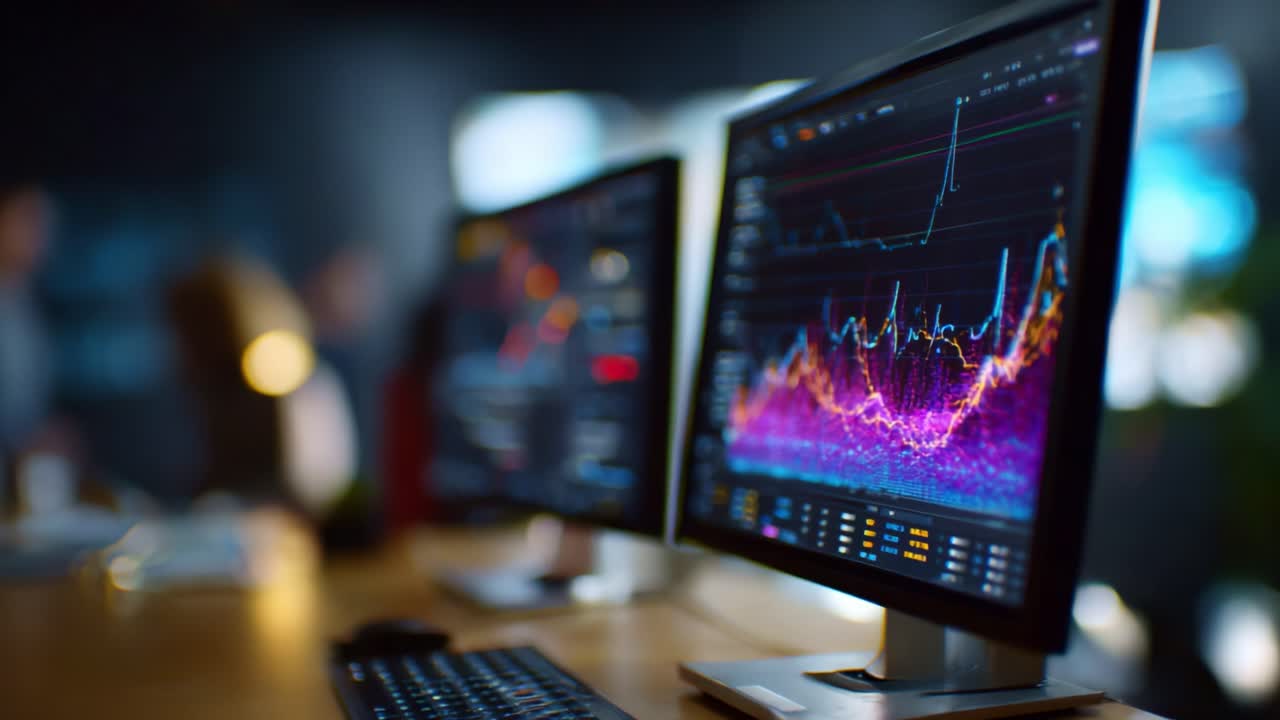 Analisi dinamica del mercato azionario visualizzata su più monitor in un ambiente ufficio moderno con grafici colorati e visualizzazioni di dati per i trader
