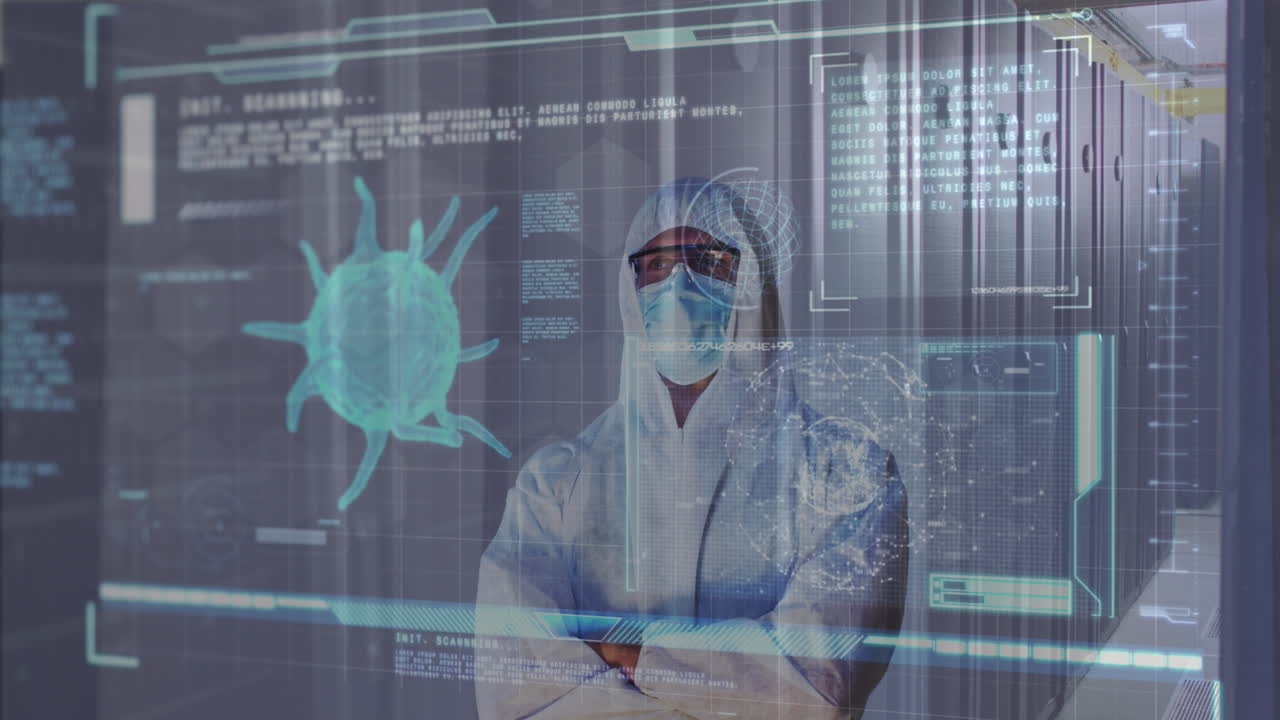 animación de células de covid 19 y hombre en traje de ppe sobre servidores de computadora