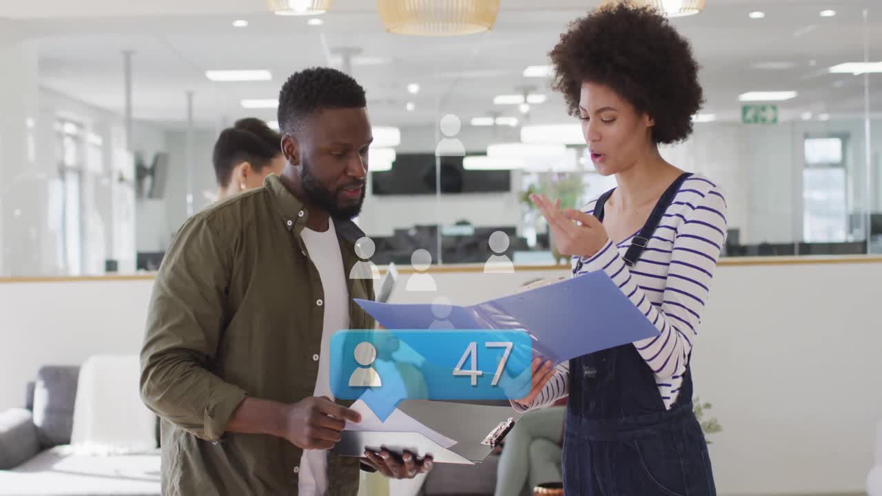 Male and female colleagues discussing business docs and showing 3D user icon with rising counter
