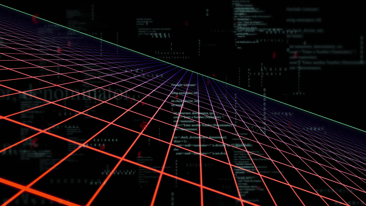 Creating animation, red lines grid overlaying digital code for futuristic technology