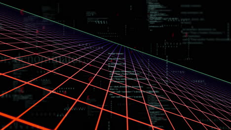 Creating animation, red lines grid overlaying digital code for futuristic technology