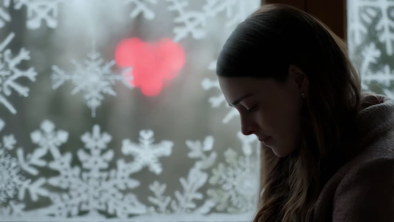 겨울에 창문 에 있는 여자