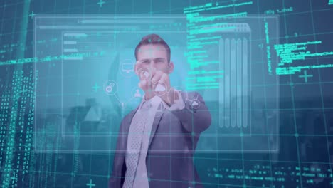 Animation-of-businessman-touching-screen-with-data-processing-over-cityscape-on-background