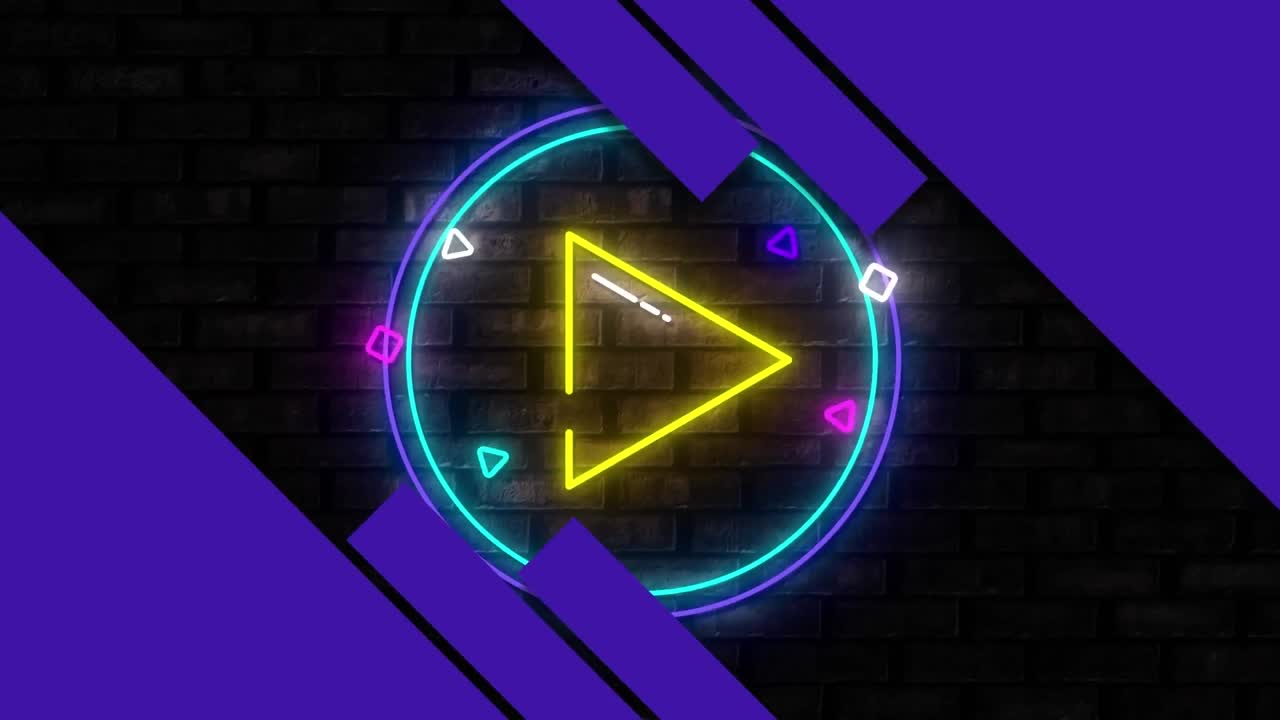 animación digital de formas azules abstractas sobre un icono de juego amarillo neón contra una pared de ladrillo