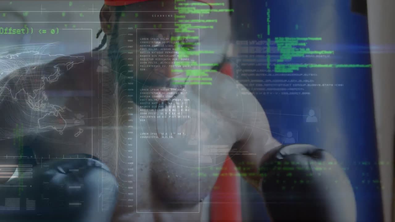 Animation of programming language, map on african american male boxer preparing for boxing training
