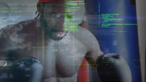 Animation-of-programming-language,-map-on-african-american-male-boxer-preparing-for-boxing-training