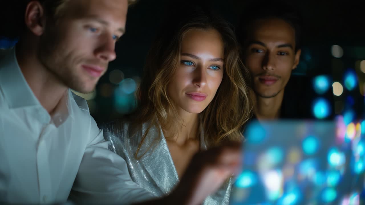 Engaged Focus: Three Friends Exploring Digital Creativity Together at Night, Illuminated by Vibrant Screens and Soft Lights, Capturing the Essence of Connection and Collaboration in a Modern Environment