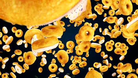many flying glazed sweet donuts, modern bright background, 3d render backdrop, computer generated