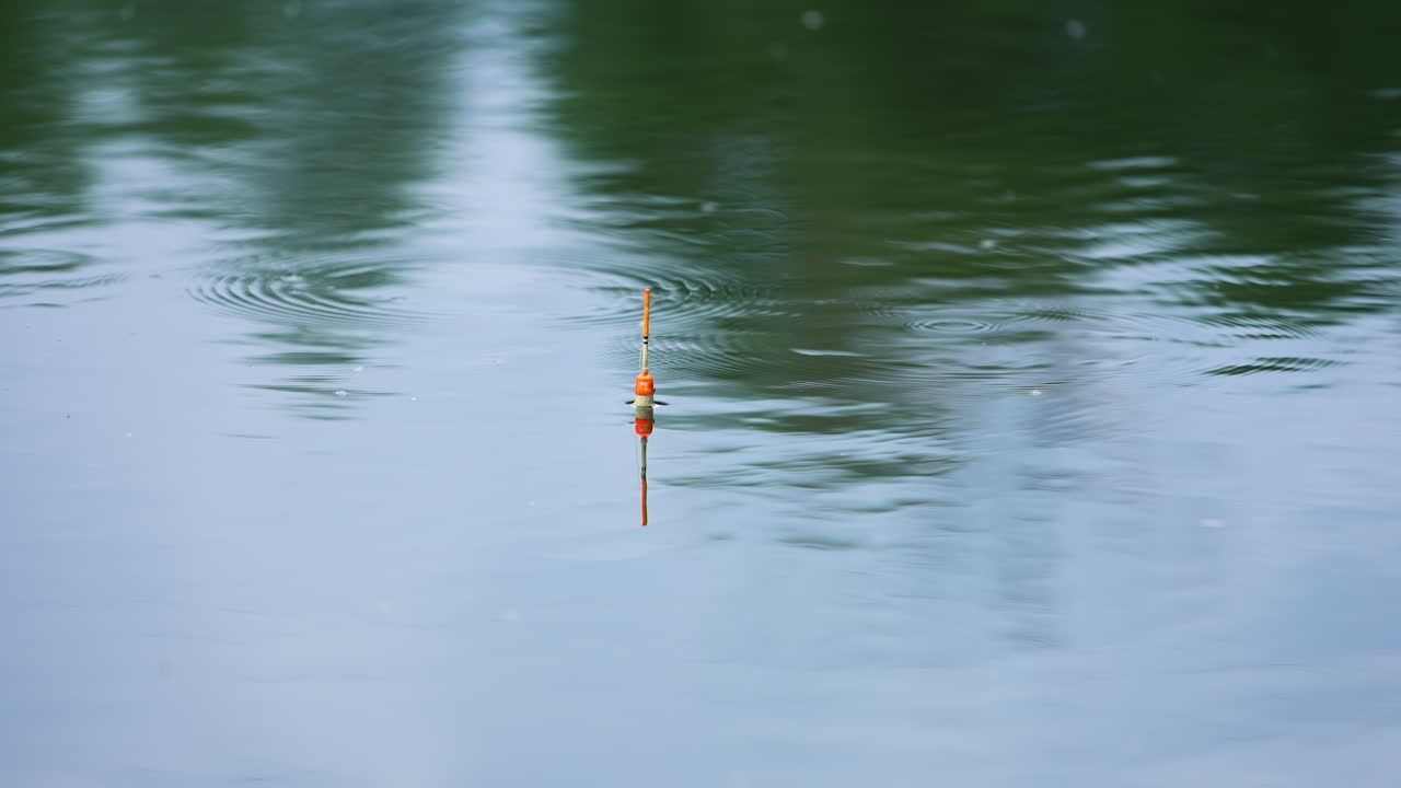 Fishing float holding still in the peaceful river. Little circle appearing on the water surface. Blurred backdrop.
