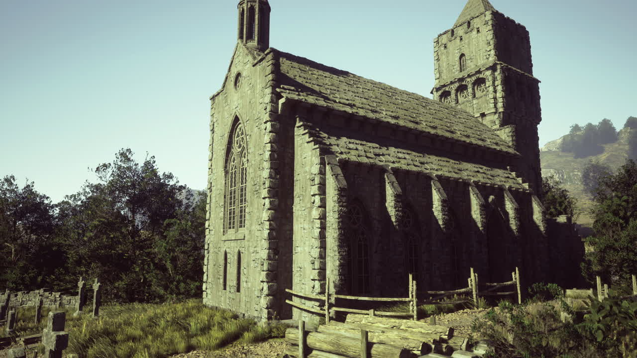 histórica iglesia de piedra rodeada de naturaleza en un día soleado