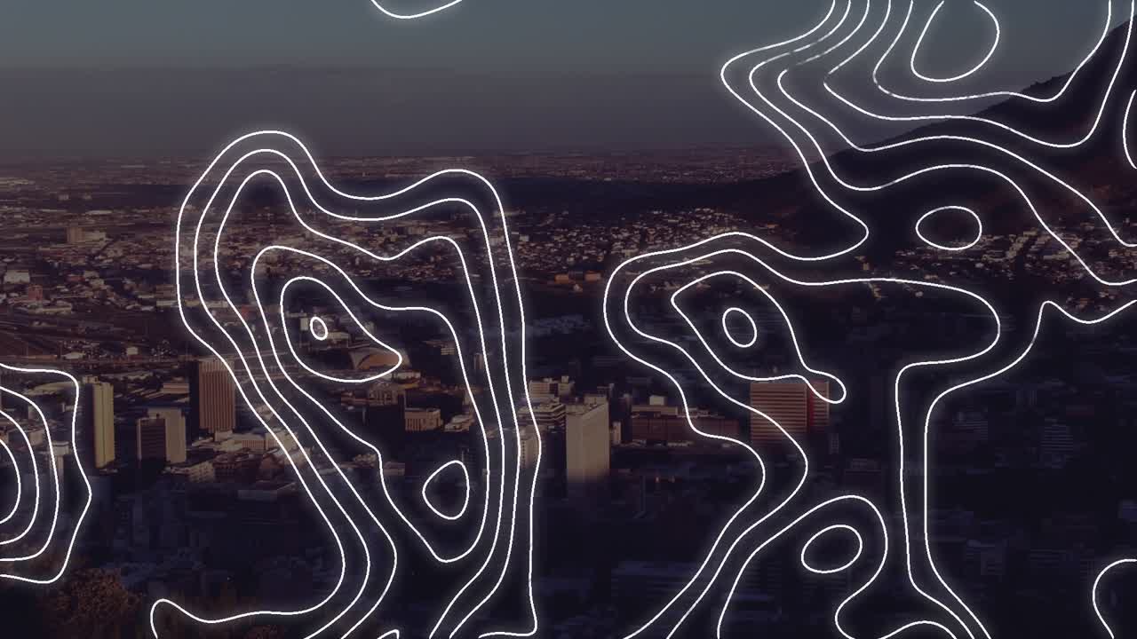 Animation of moving shapes over cityscape