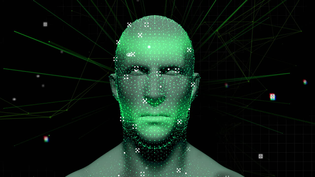 modelo de cabeza humana girando contra rastros de luz parpadeantes en un fondo azul