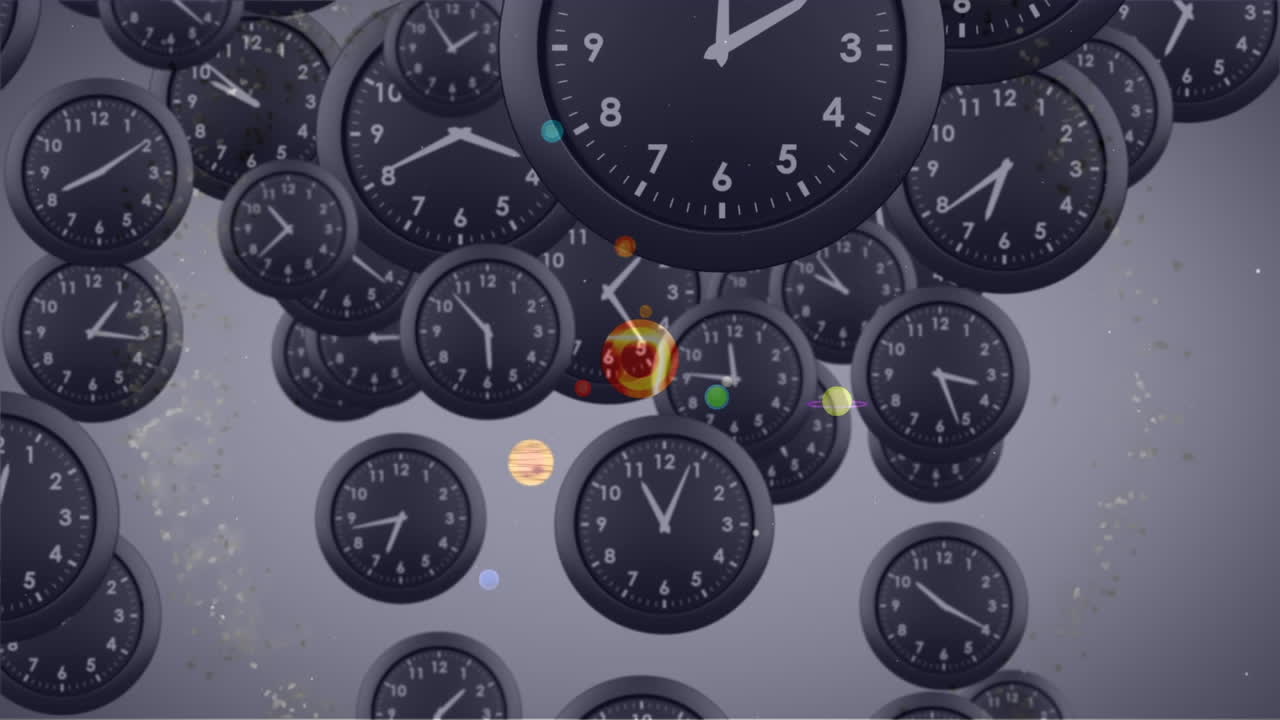 Animation of solar systems, planets and space over clocks ticking