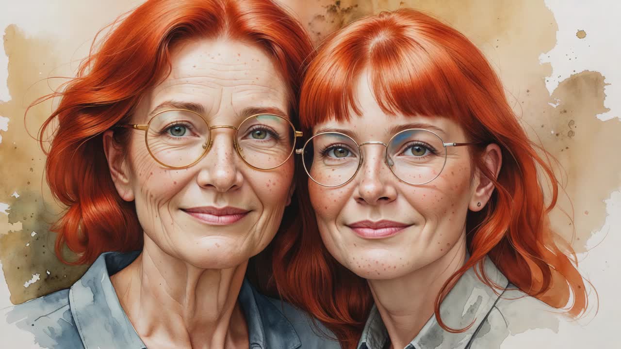 Recording mother and daughter standing side by side for portrait in studio, with eyeglasses