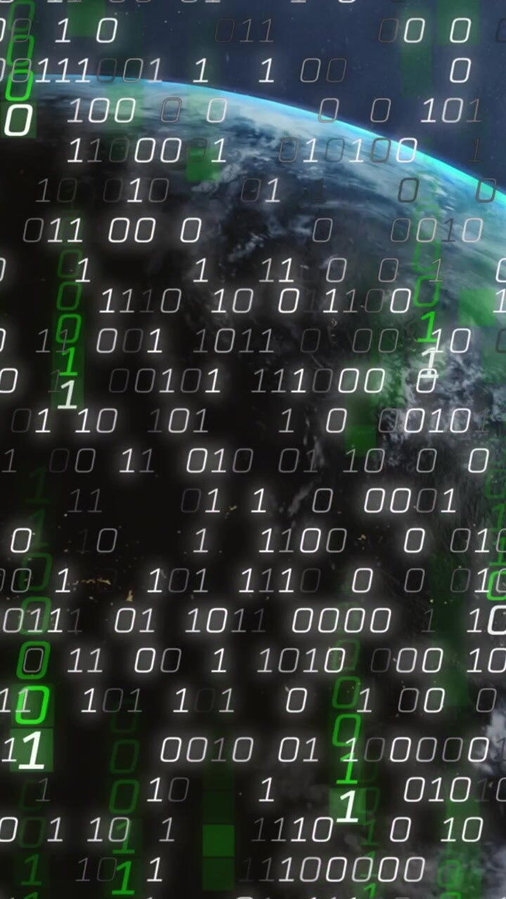 Animation of binary coding and data processing over globe