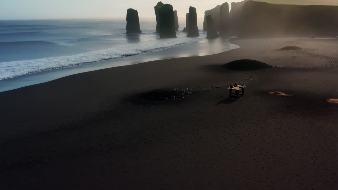 Dramatic Icelandic Black Sand Beach with Basalt Sea Stacks